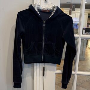 Navy Blue Women's Velvet Zip up Hooded Jacket with sequin inner hood